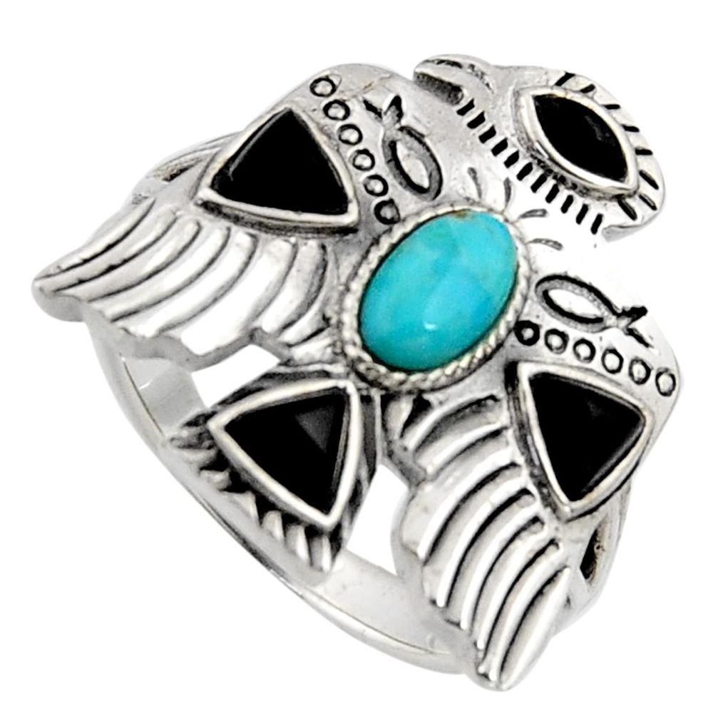 Egyptian god wings blue kingman turquoise black onyx silver ring size 10 r5619