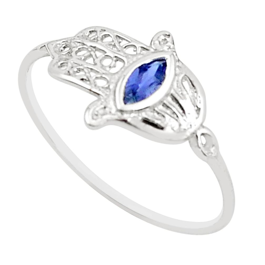 0.40cts natural blue iolite 925 silver hand of god hamsa ring size 6.5 r5701