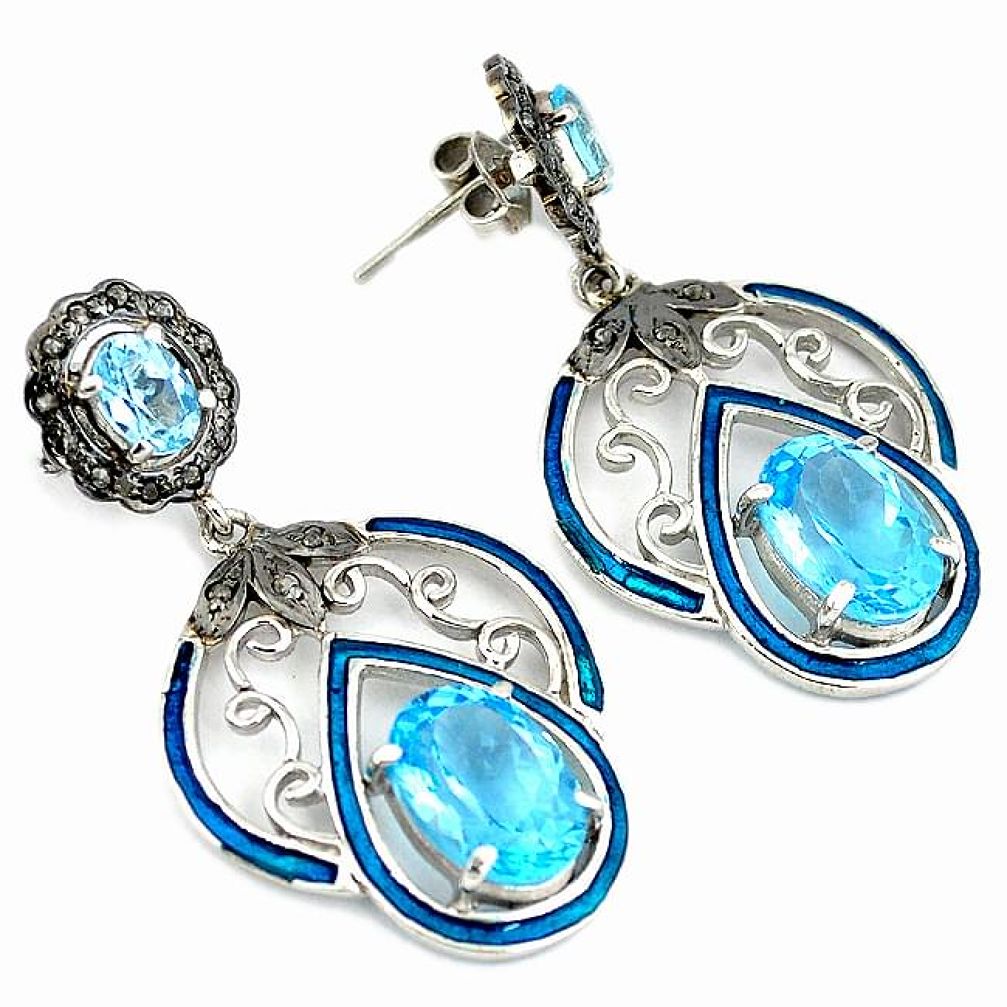 15.58cts estate natural diamond blue topaz 925 silver dangle earrings v1341