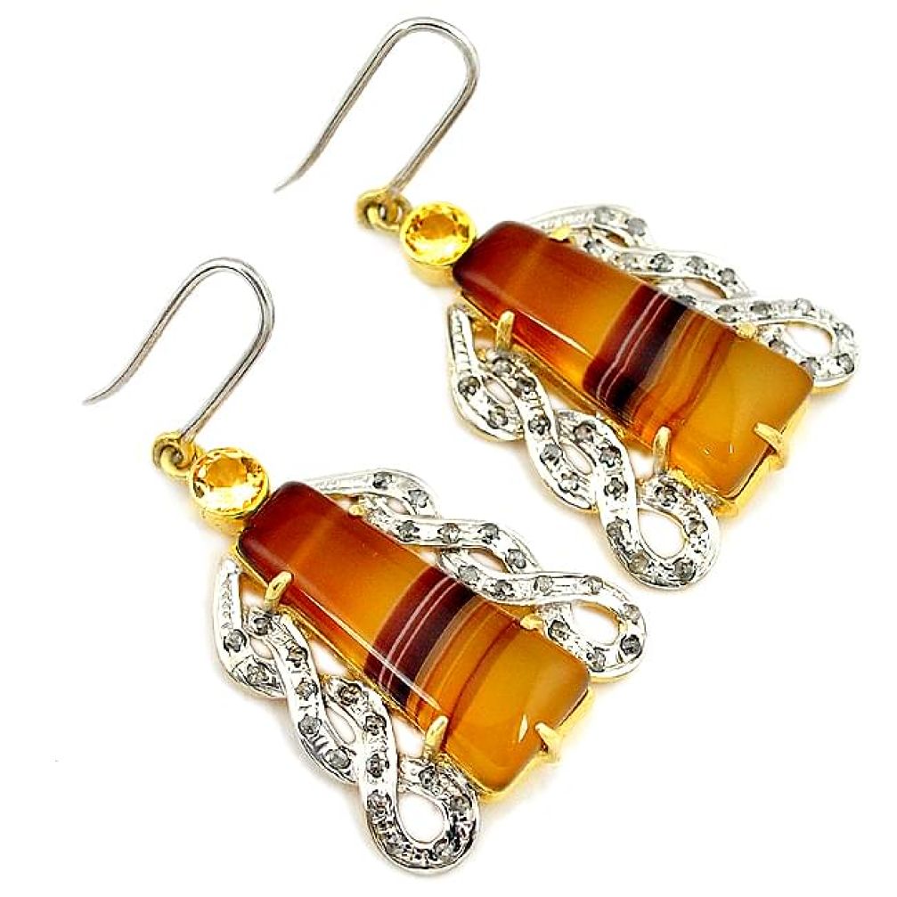 30.04cts vintage diamond botswana agate 925 silver gold dangle earrings v1343