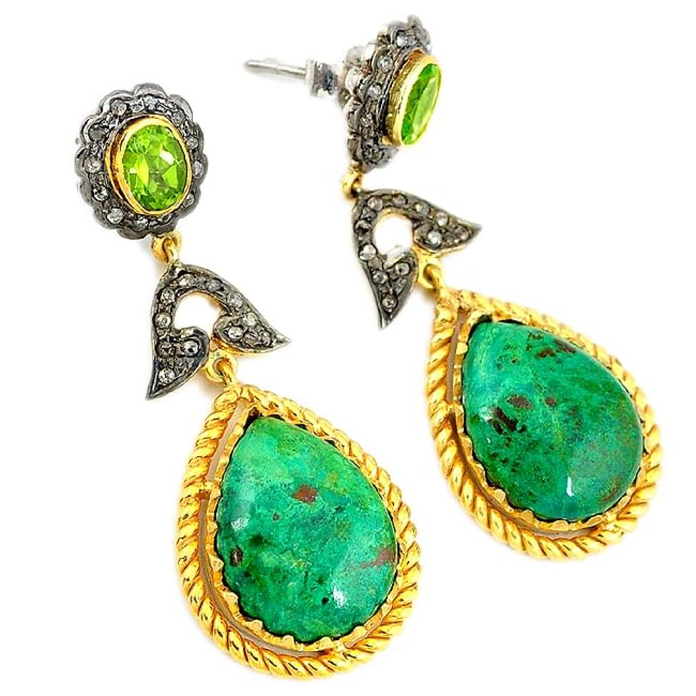 31.15cts vintage diamond green chrysocolla 925 silver gold dangle earrings v1356