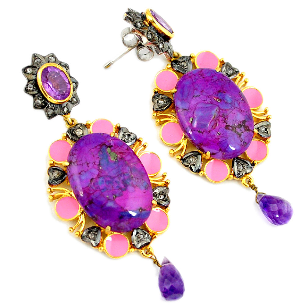 32.75cts estate diamond purple copper turquoise 925 silver gold earrings v1357