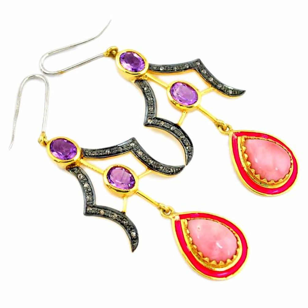 24.70cts vintage diamond pink opal 925 silver 14k gold dangle earrings v1361