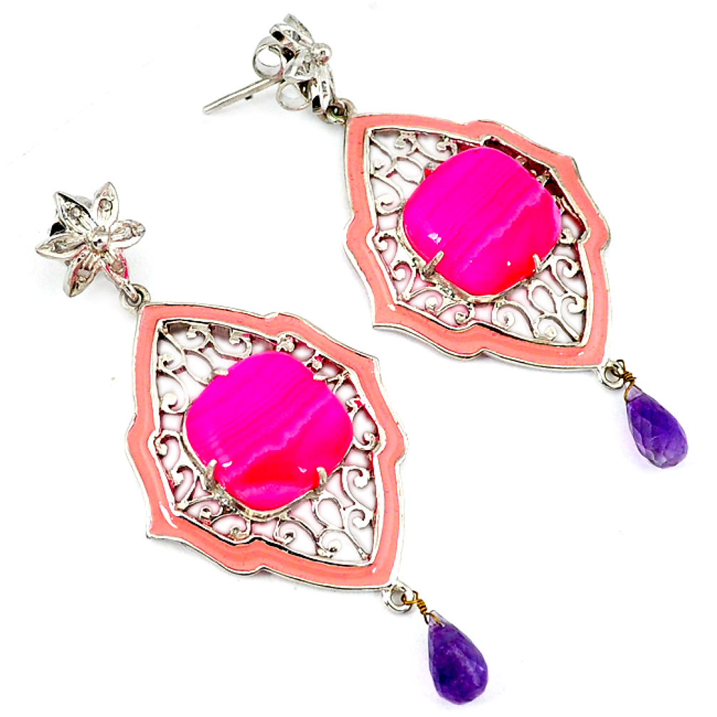 29.84cts vintage natural diamond botswana agate 925 silver gold earrings v1390