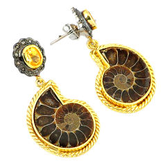 45.04cts vintage diamond brown ammonite fossil 925 silver gold earrings v1399