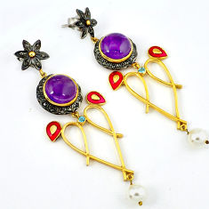Clearance Sale- 21.28cts vintage natural diamond amethyst 925 silver gold dangle earrings v1416