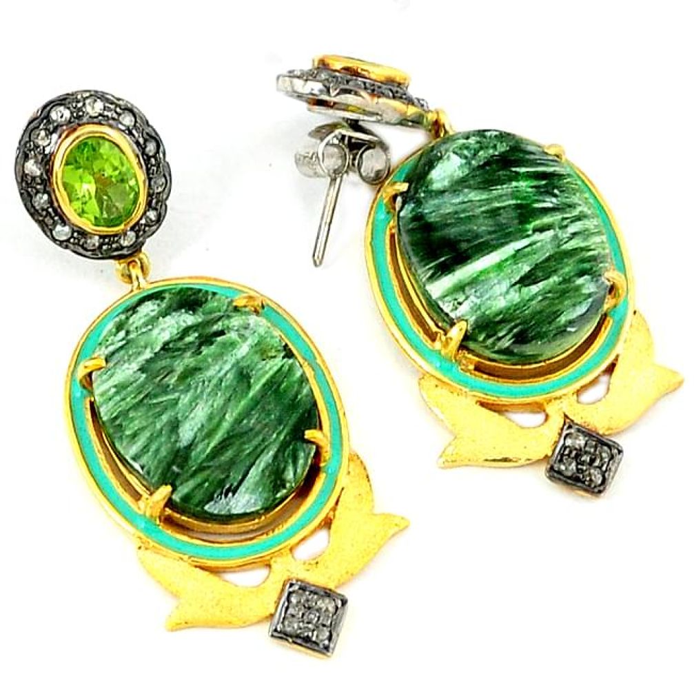 40.34cts vintage diamond seraphinite (russian) 925 silver gold earrings v1418