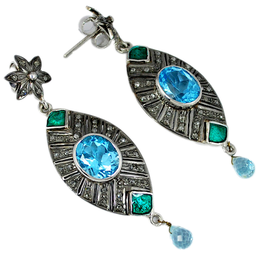 12.79cts estate natural diamond blue topaz enamel 925 silver earrings v1430