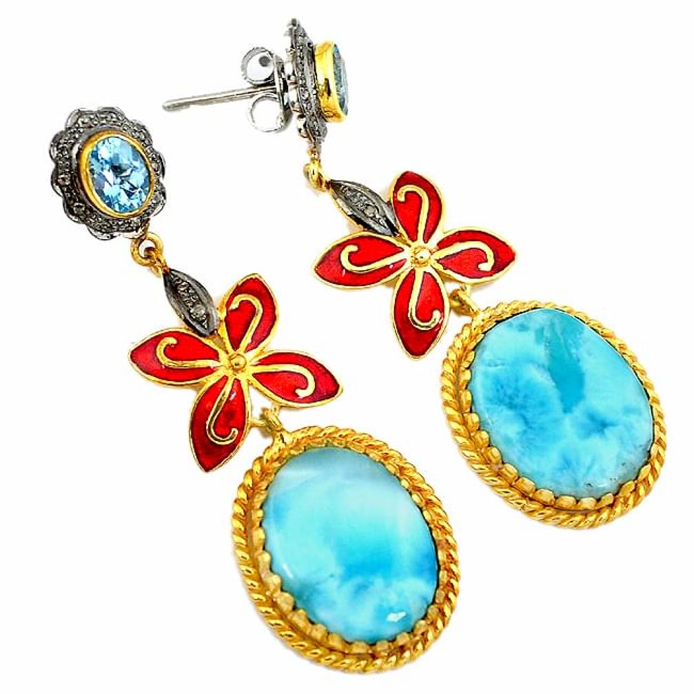 31.86cts victorian natural diamond blue larimar 925 silver gold earrings v1446