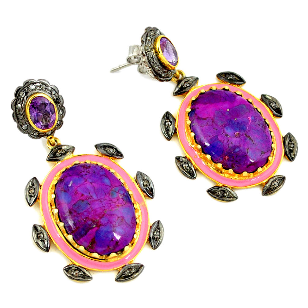 34.61cts estate diamond purple copper turquoise 925 silver gold earrings v1451