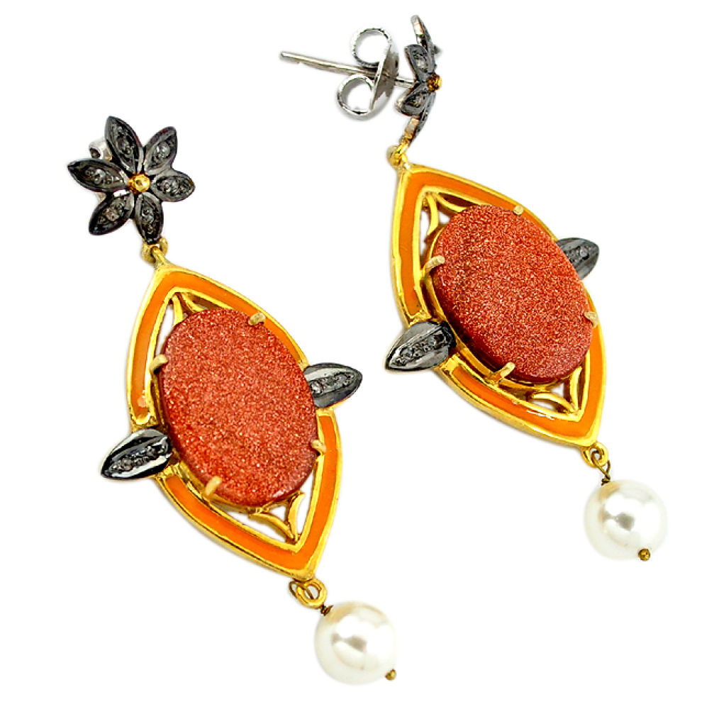 34.56cts vintage diamond brown goldstone 925 silver gold dangle earrings v1455