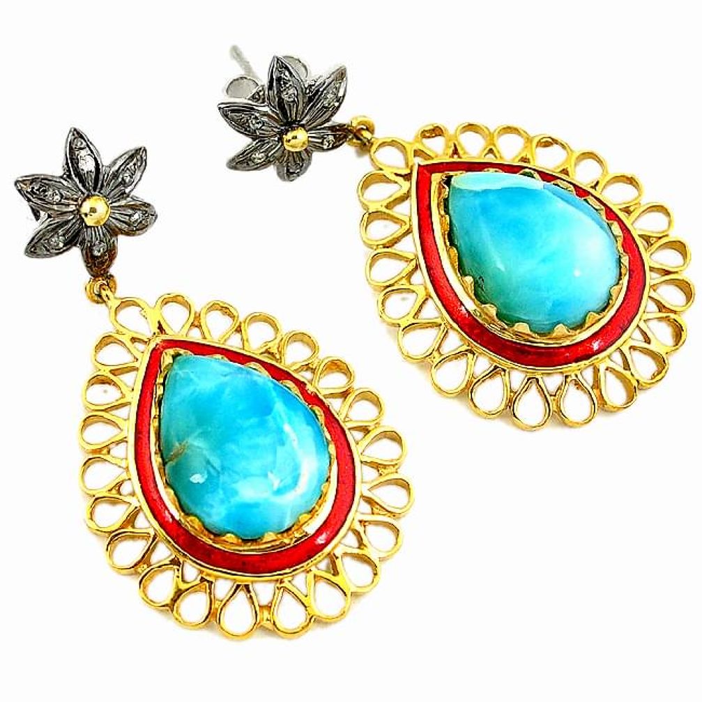 925 silver 26.52cts estate natural diamond blue larimar 14k gold earrings v1458