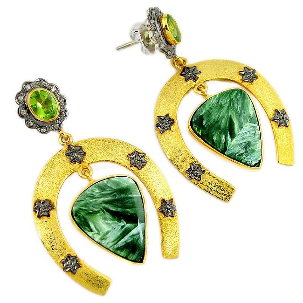 30.83cts vintage diamond seraphinite (russian) 925 silver gold earrings v1465