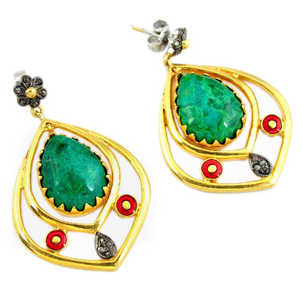 29.73cts estate natural diamond green chrysocolla 925 silver gold earrings v1469