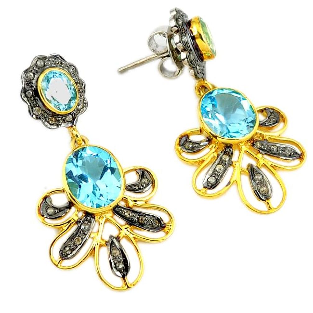 14.43cts victorian diamond blue topaz 925 silver 14k gold dangle earrings v1470