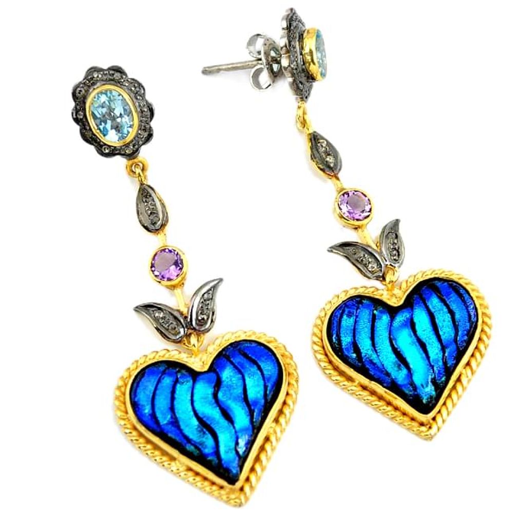 35.80cts victorian diamond dichroic glass 925 silver gold heart earrings v1473