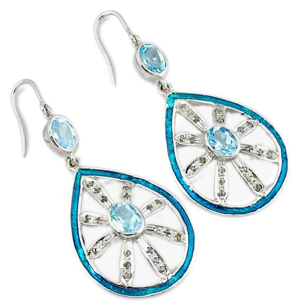 8.18cts vintage natural diamond blue topaz enamel 925 silver earrings v1541