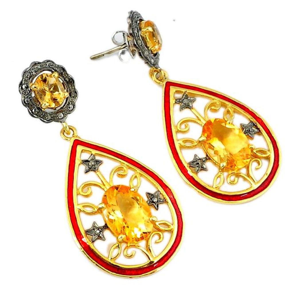 925 silver 16.95cts vintage natural diamond citrine gold dangle earrings v1545