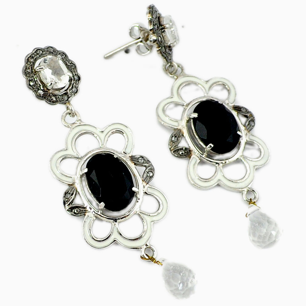 24.70cts estate natural diamond black onyx topaz 925 silver earrings v1546