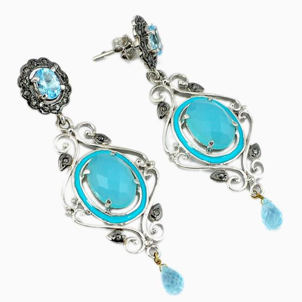 21.03cts vintage diamond blue chalcedony topaz 925 silver dangle earrings v1548