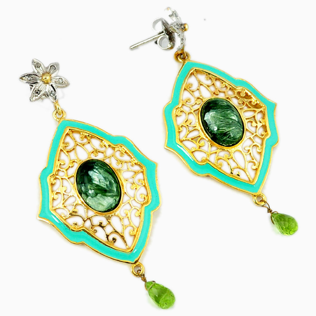 16.02cts vintage diamond seraphinite (russian) 925 silver gold earrings v1549