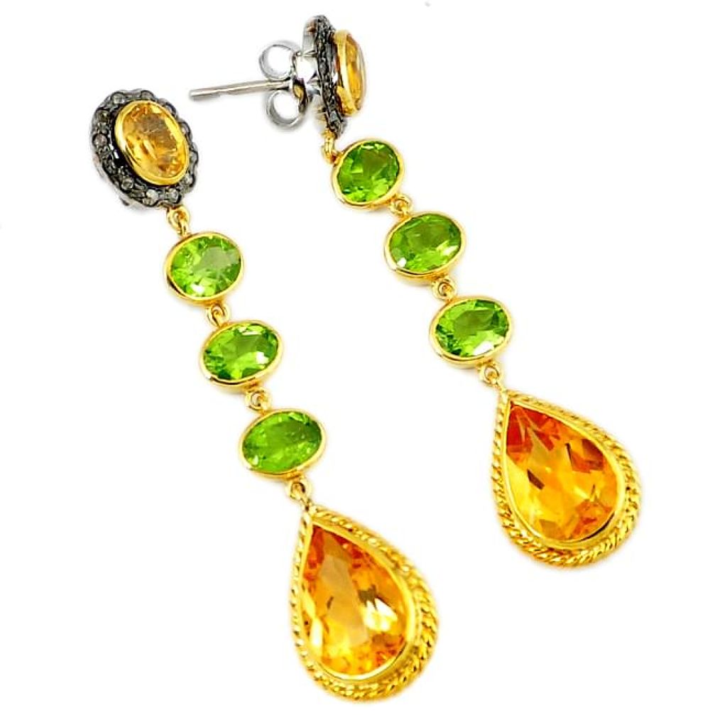 30.79cts vintage natural diamond yellow citrine 925 silver gold earrings v1554