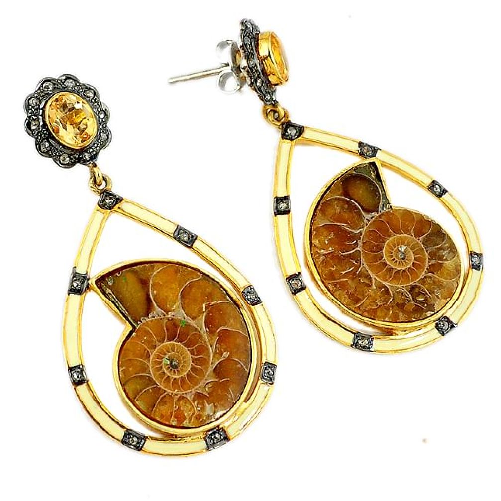 50.31cts victorian diamond brown ammonite fossil 925 silver gold earrings v1572