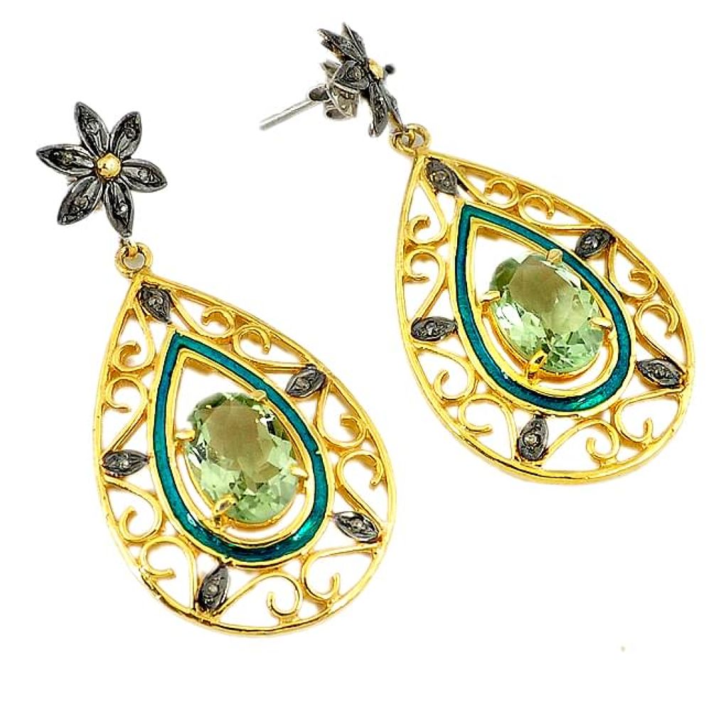 14.34cts victorian diamond green amethyst enamel 925 silver gold earrings v1574