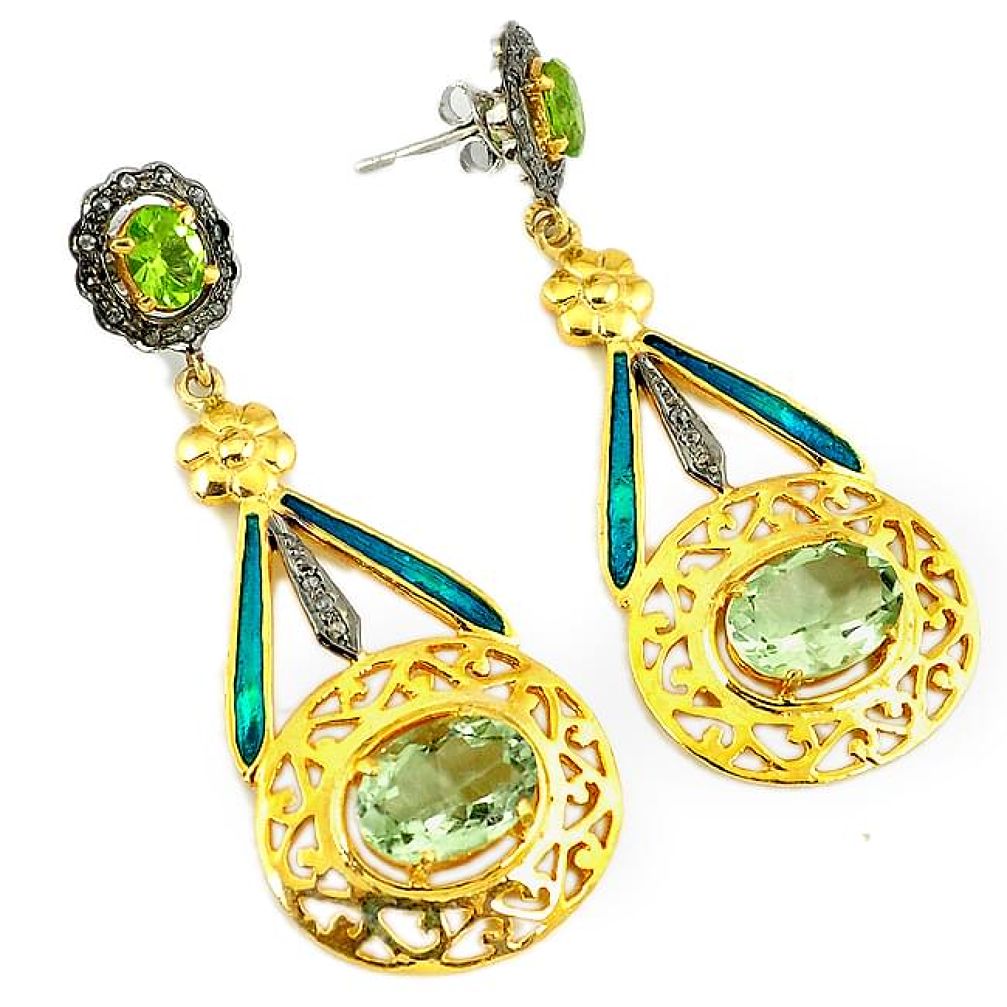 22.96cts vintage diamond green amethyst enamel 925 silver gold earrings v1575