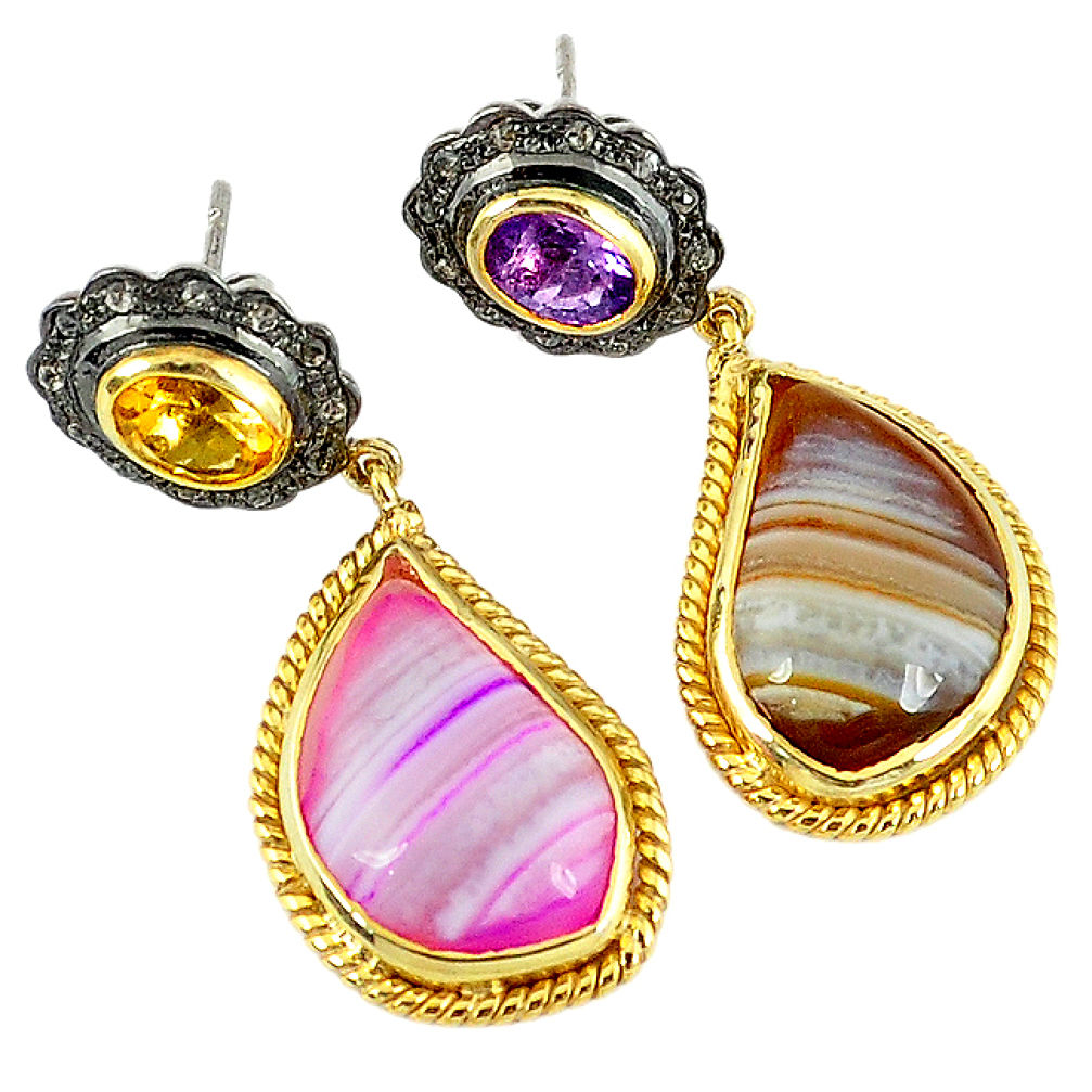 25.86cts vintage natural diamond botswana agate 925 silver gold earrings v1580