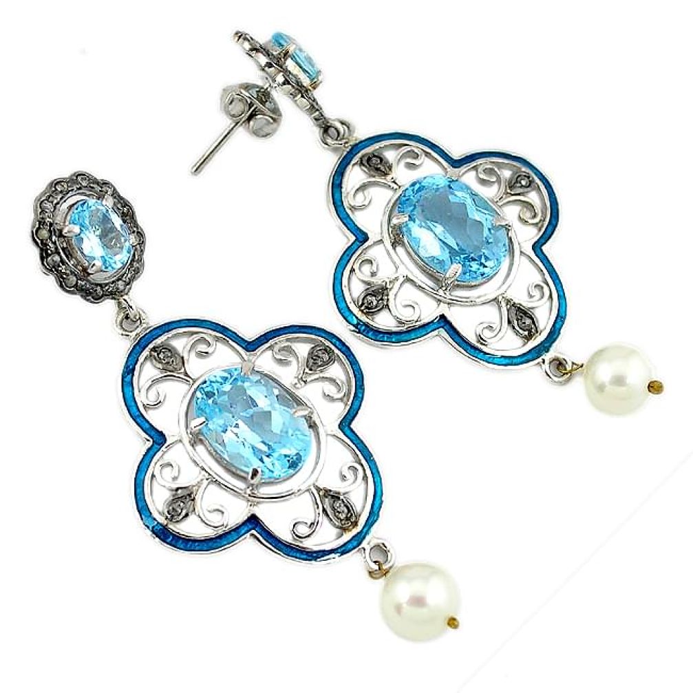 27.23cts handmade natural diamond blue topaz pearl 925 silver earrings v1585