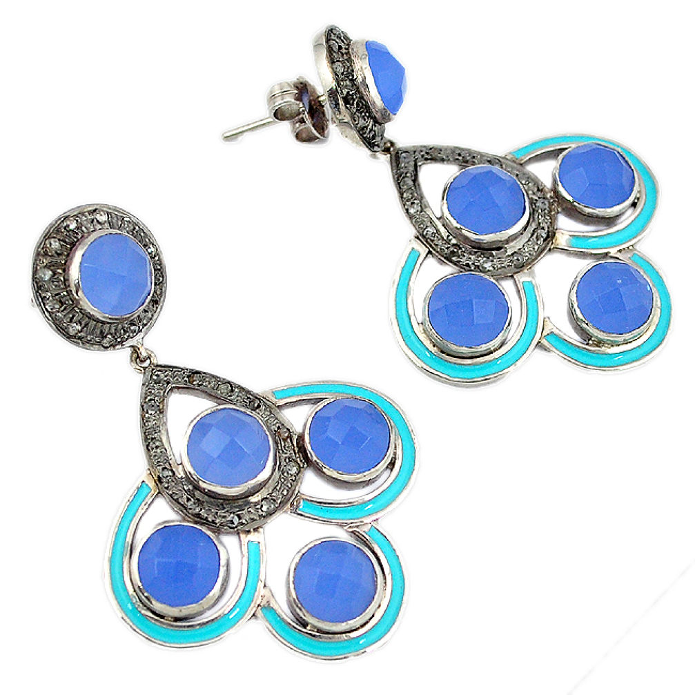 31.55cts vintage diamond blue chalcedony enamel 925 silver dangle earrings v1586