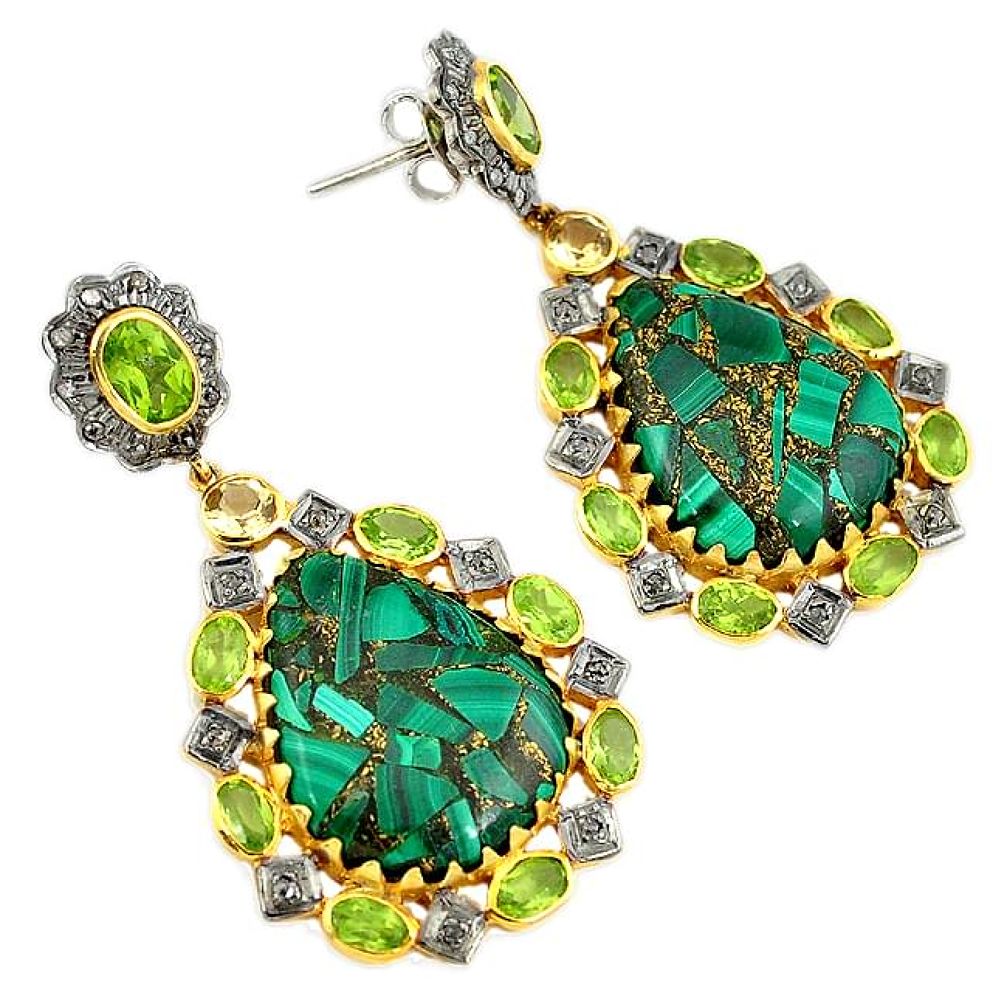 59.42cts estate diamond green copper malachite 925 silver gold earrings v1587