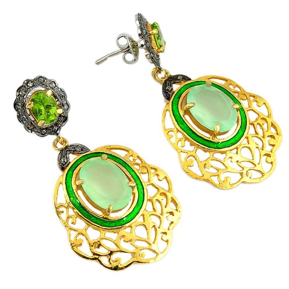 14.30cts vintage diamond green prehnite enamel 925 silver gold earrings v1588