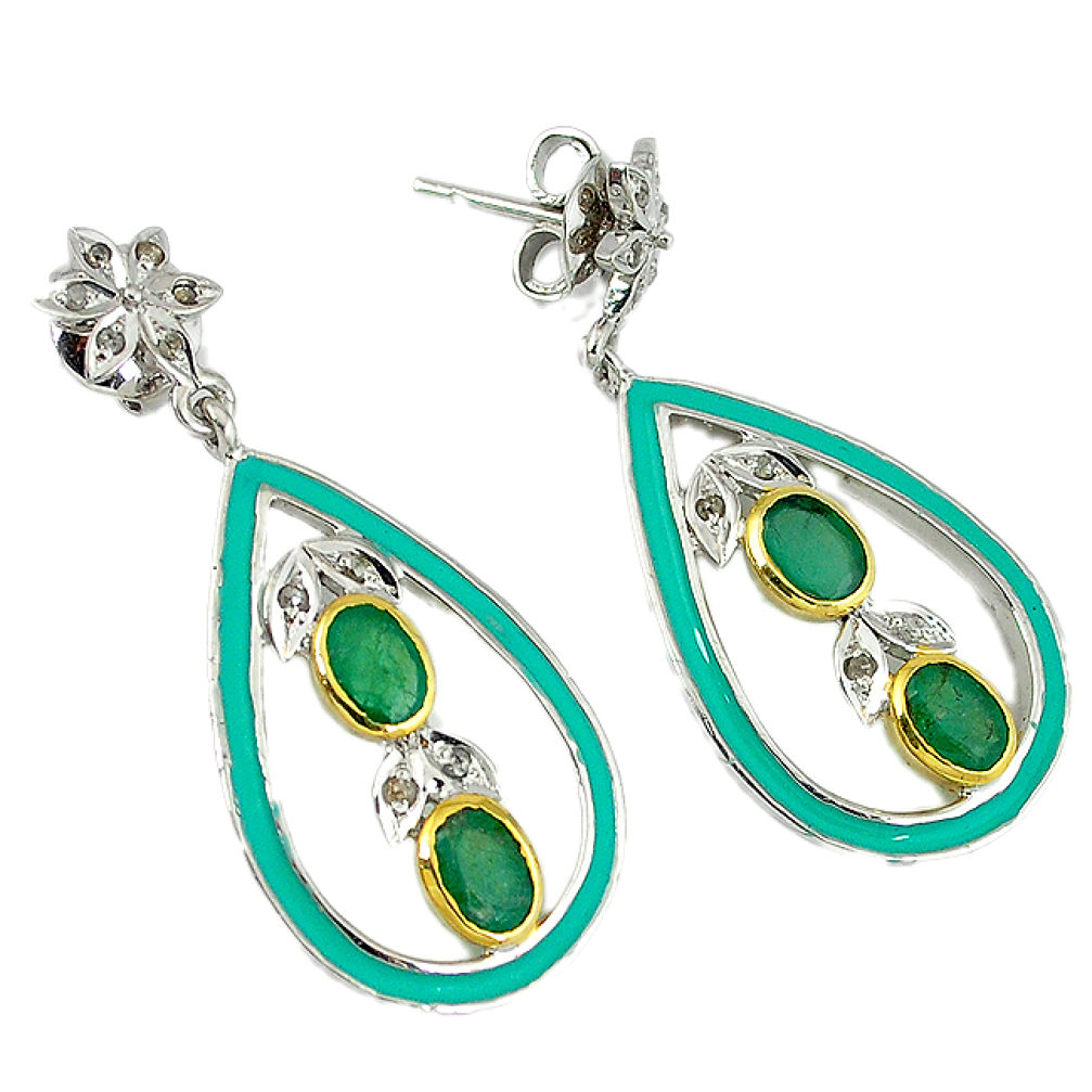 6.51cts vintage diamond green emerald enamel 925 silver 14k gold earrings v1722