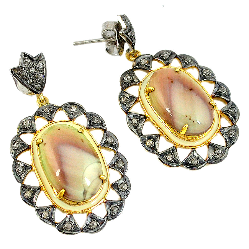 31.46cts vintage diamond brown imperial jasper 925 silver gold earrings v1726