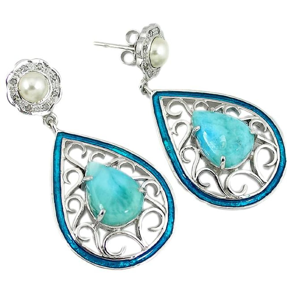 25.48cts estate natural diamond larimar pearl enamel 925 silver earrings v1731