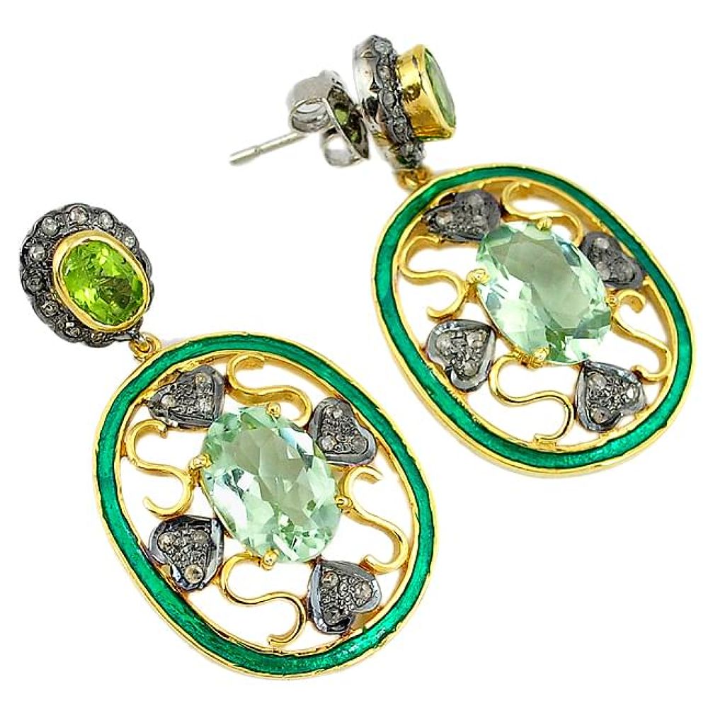 16.62cts handmade natural diamond green amethyst 925 silver gold earrings v1733