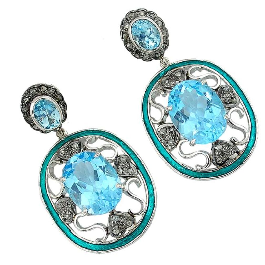 26.24cts vintage natural diamond blue topaz enamel 925 silver earrings v1735