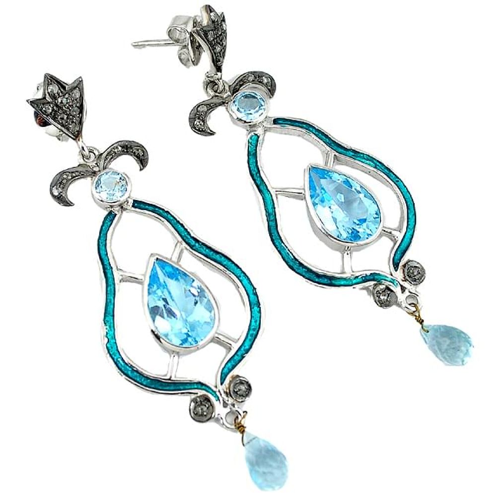 23.43cts vintage natural diamond blue topaz enamel 925 silver earrings v1737