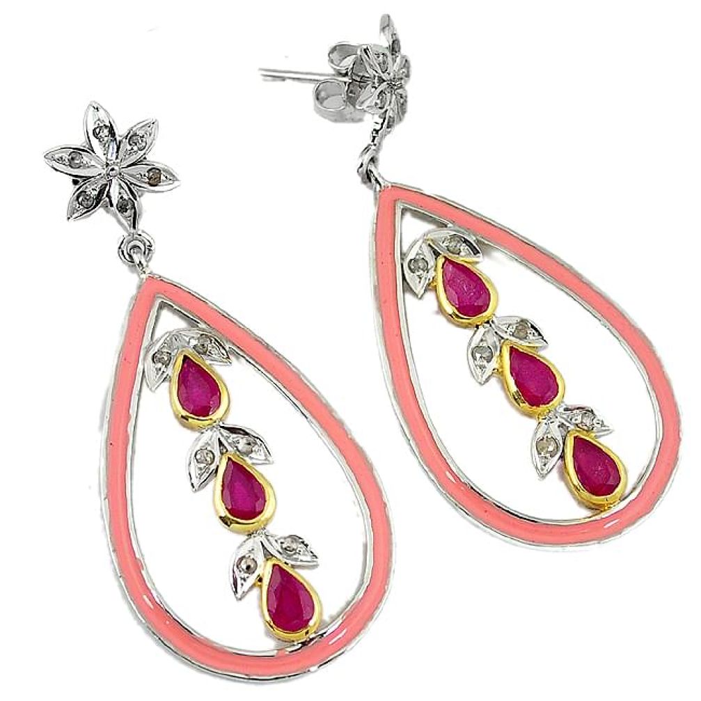 6.35cts vintage natural diamond red ruby enamel 925 silver gold earrings v1739