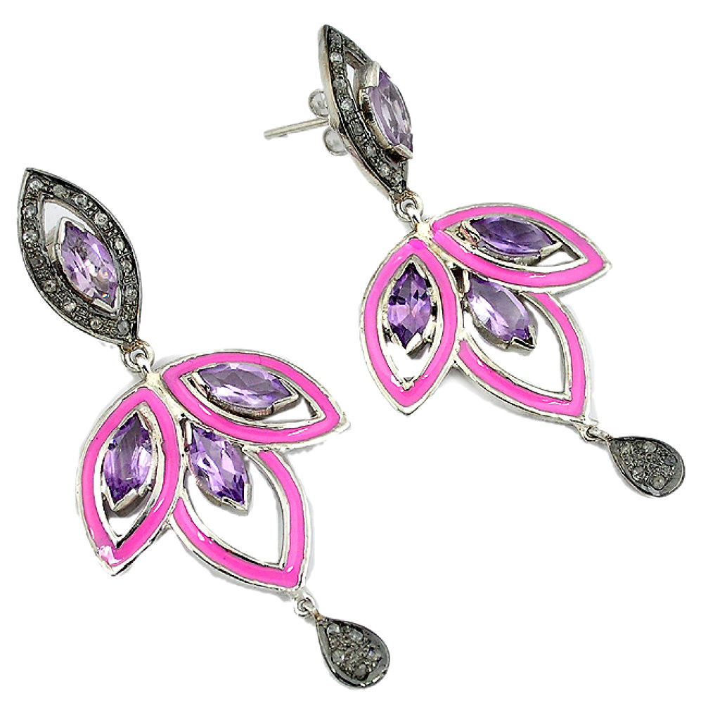 Clearance Sale- 925 silver 23.62cts estate natural diamond purple amethyst enamel earrings v1740