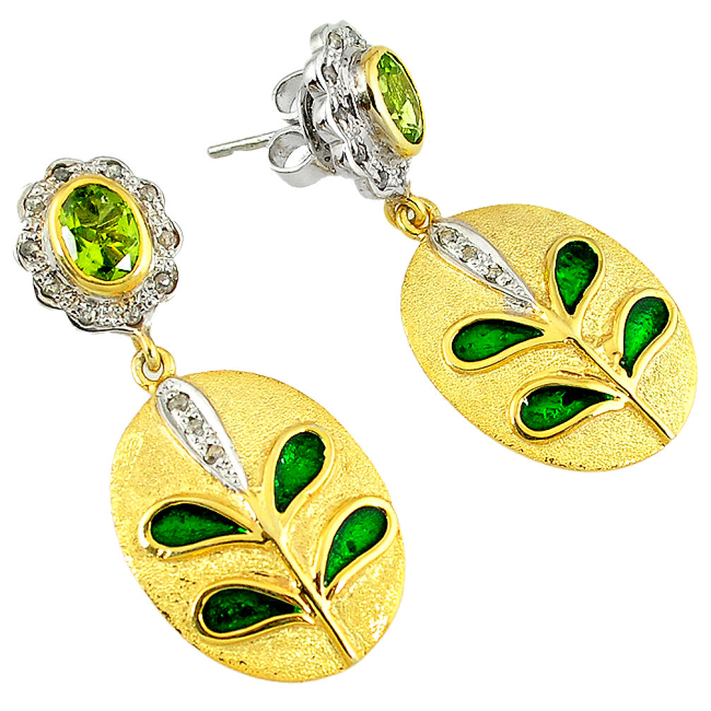 3.97cts estate diamond green peridot enamel 925 silver 14k gold earrings v1752