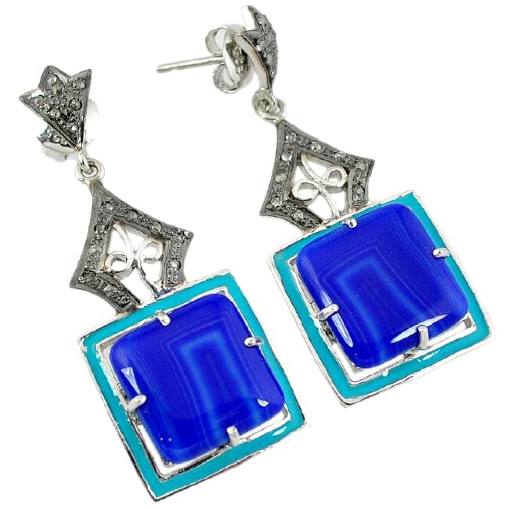 30.83cts vintage diamond blue botswana agate enamel 925 silver earrings v1757