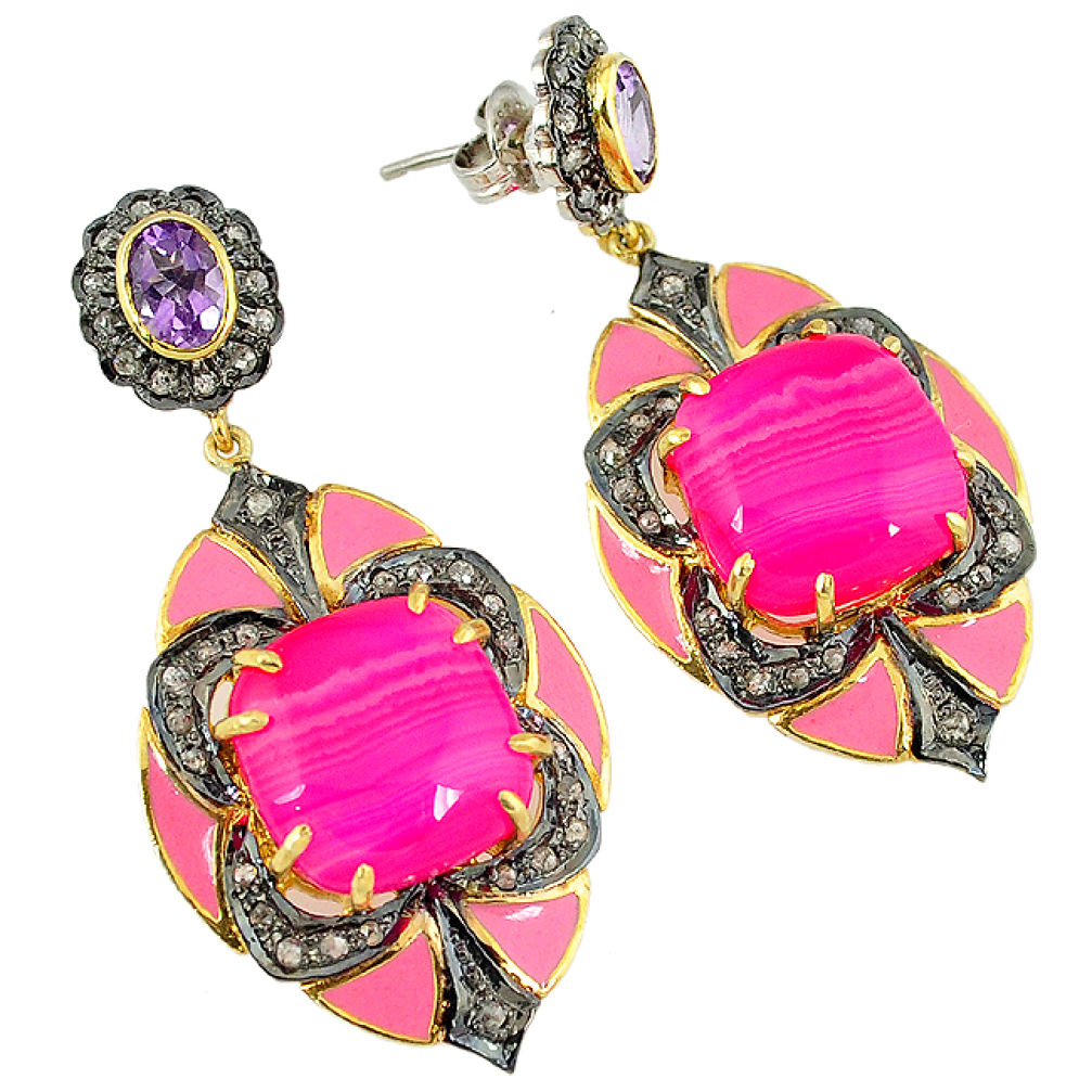 34.82cts vintage diamond pink botswana agate amethyst 925 silver earrings v1766