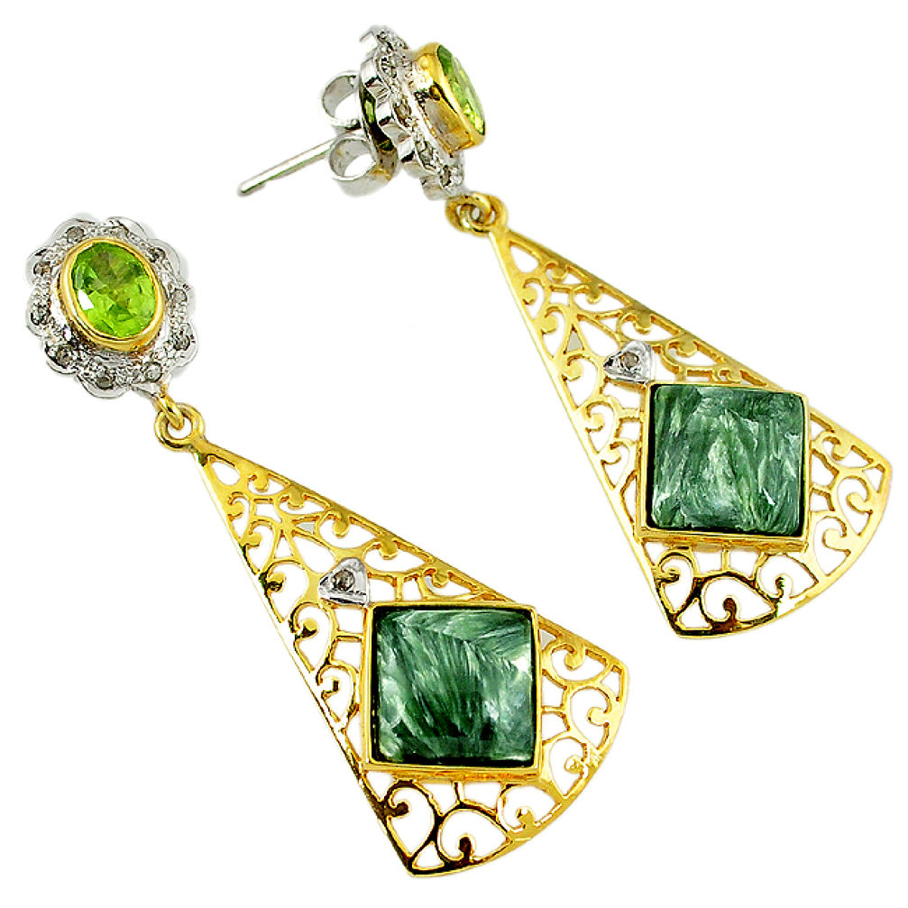 Vintage diamond green seraphinite (russian) 925 silver 14k gold earrings v1767