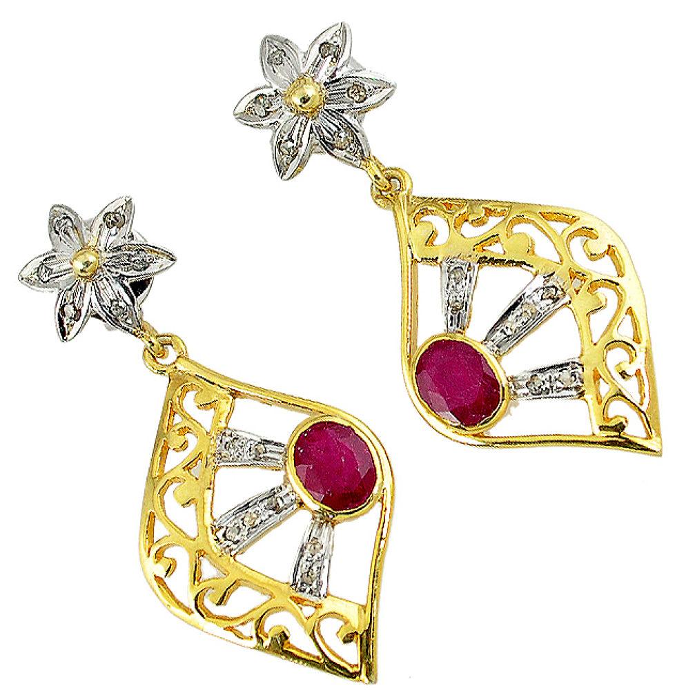 4.59cts victorian natural diamond red ruby 925 silver 14k gold earrings v1772