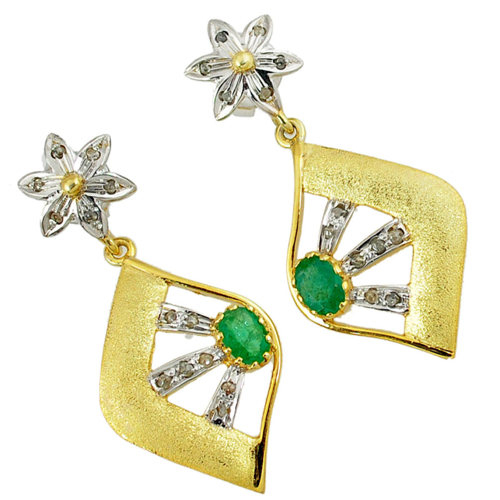 2.96cts estate natural diamond green emerald 925 silver 14k gold earrings v1776