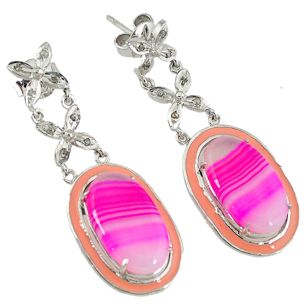 925 silver 23.41cts vintage diamond pink botswana agate enamel earrings v1777