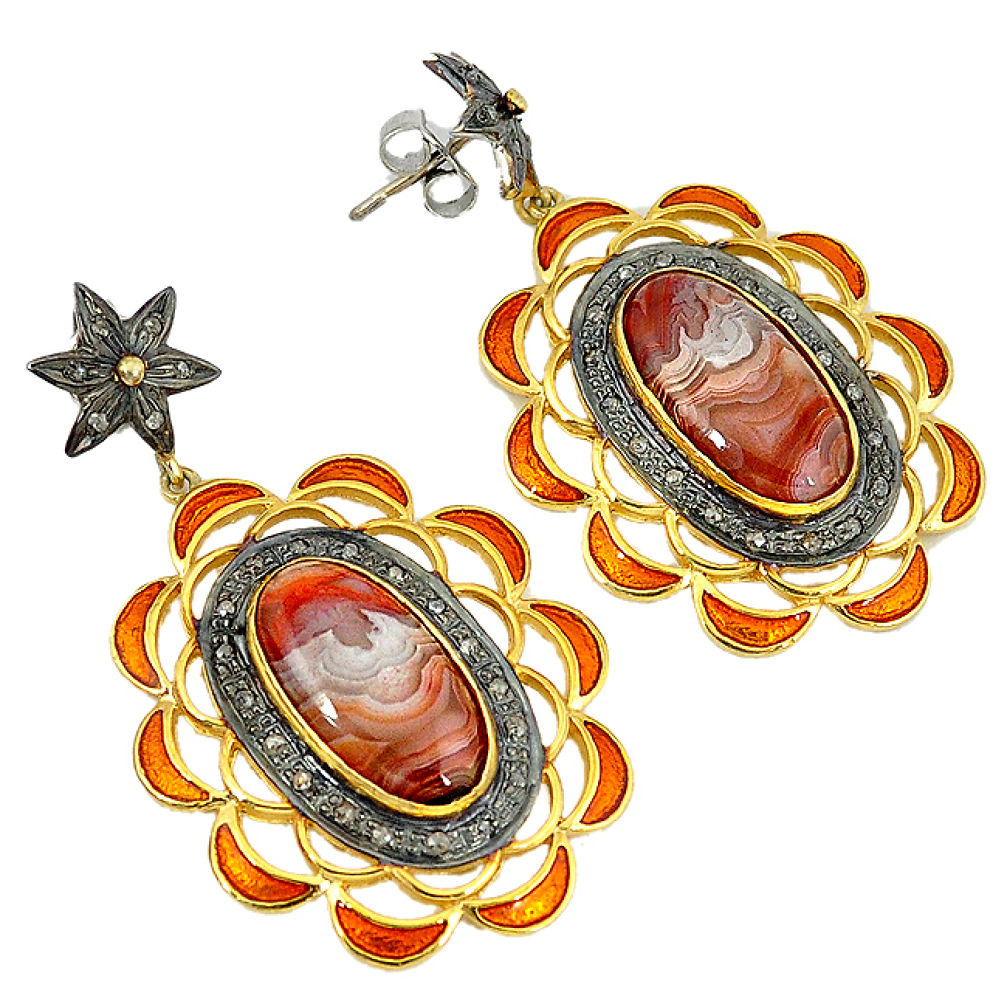 21.63cts estate diamond mexican laguna lace agate 925 silver gold earrings v1783
